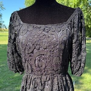Nanette Lepore Black Lace Lined Puff Short Sleeves Scallop Hem Midi Sz 8 NWT